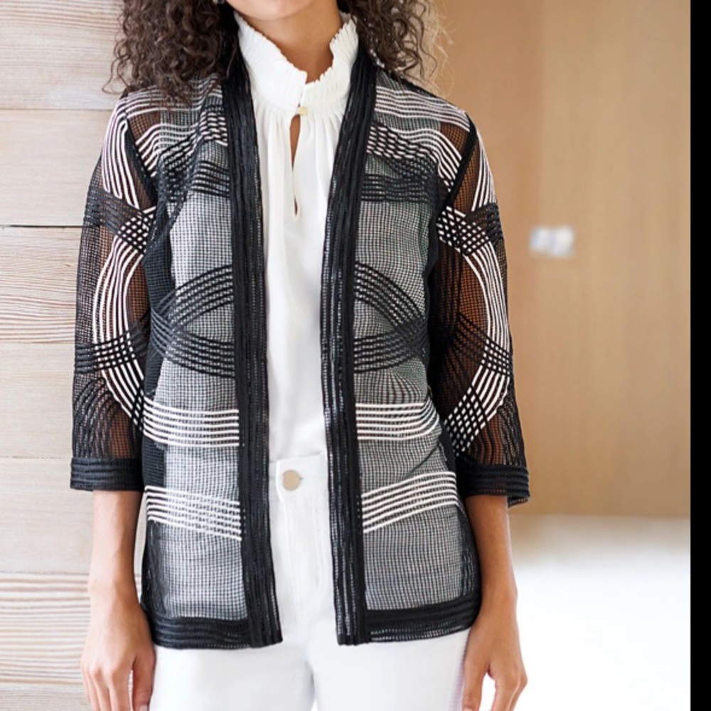 Ming Wang open weave jacket black white